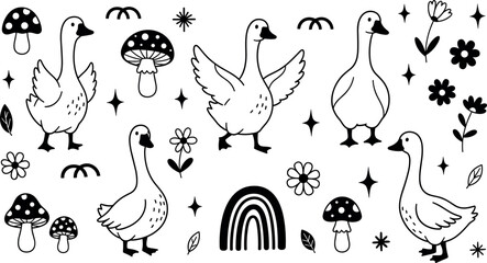 Hand drawn goose doodle set with mushrooms flowers rainbow leaves cute outline coloring page vector illustration collection © Vector Design Hub