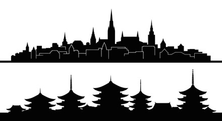 Fototapeta premium Black and White City Skyline and Pagoda Silhouettes