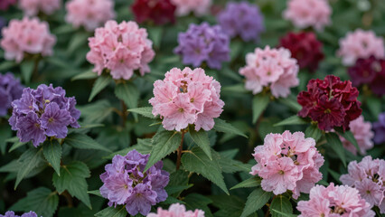Obraz premium Vibrant Cluster of Pink and Purple Hydrangea Flowers with Lush Green Leaves in a Garden Setting, Natural Beauty for Floral Design or Nature Backgrounds
