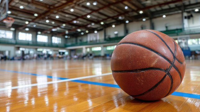 A close-up view of an orange basketball placed on a wooden floor in an indoor gym, highlighting the blue and white court lines