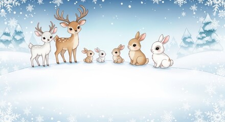 Fototapeta premium Cute Cartoon Deer and Bunnies in Snowy Winter Forest, Christmas Holiday Animals