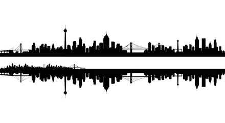 Obraz premium Black White Skyline Silhouette with Bridges and Reflection