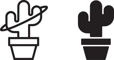 Potted cactus with ring planet line art and solid silhouette icon for creative plant concepts © Bakalia