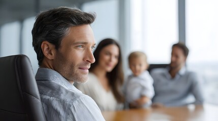 Obraz premium A modern executive gazes thoughtfully away from his family who are spending time together in a bright conference room