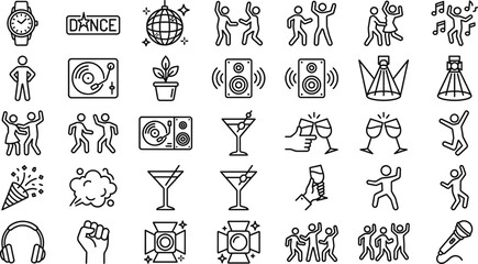 Nightclub party and dance line icon set with disco music cocktail celebration symbols minimal outline vector illustration collection