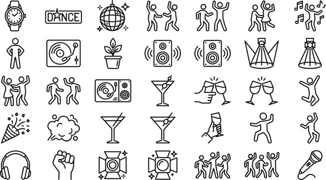 Nightclub party and dance line icon set with disco music cocktail celebration symbols minimal outline vector illustration collection