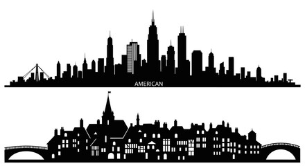 Obraz premium American Cityscape Skyline Silhouette Black White Vector Art