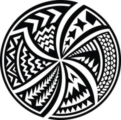 Abstract circular tribal design featuring intricate patterns spiraling from central point, diverse Polynesian motifs. © Munna_SH