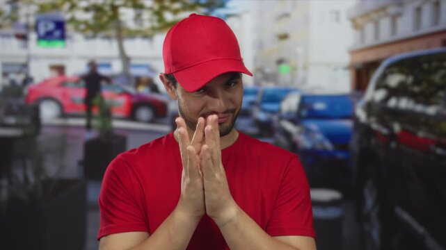 Man clasping hands as he smirks in a red cap and shirt on a busy urban street with parked cars and trees; cunning.