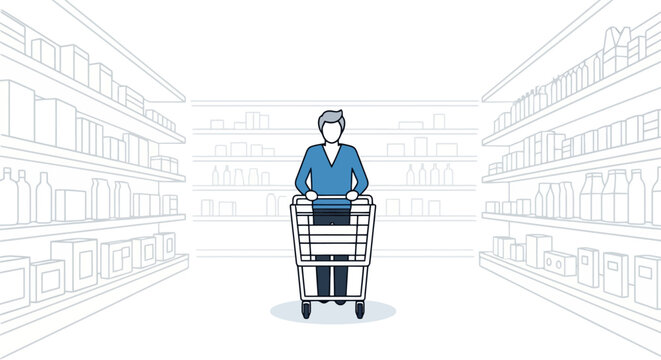 A person navigating a supermarket aisle with a shopping cart representing consumerism and retail purchasing items for daily life needs and grocery