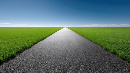 A long road stretches through open fields with trees on both sides and a clear blue sky above under bright sunshine