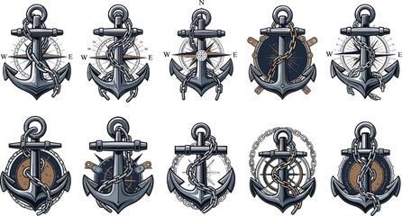 Nautical Anchor Emblem Collection with Compass, Rope, Chain, and Maritime Navigation Symbols for Vintage Marine Logo and Tattoo Style Design © Sanjida