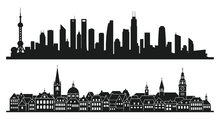 Black  White Skyline Silhouettes of Modern Skyscrapers and Old Town Buildings
