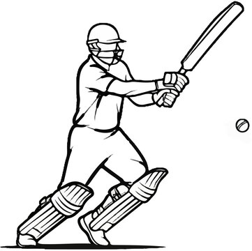 A sketch shows a cricketer in a helmet and pads swinging a bat at a ball