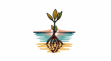 Stylized seedling with intricate roots emerges from water and sand