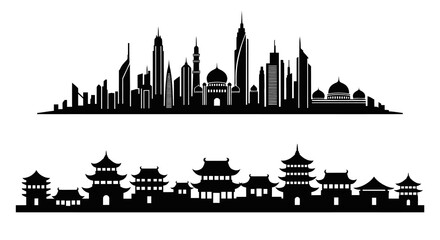 Fototapeta premium Black White Skyline Silhouettes: Modern Cityscape and Traditional Asian Architecture