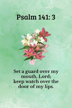 Christian Bible verse from Psalm 141:3 with delicate flower illustration on a green watercolor background Ratio 2:3 Size 24x36 inch, homedecor scripture art wallart