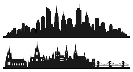 Cityscape Silhouettes: Modern and Historic Buildings, Bridge