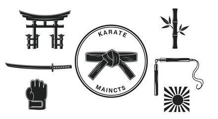 Black and White Karate Icons: Torii Gate, Katana, Belt, Nunchucks, Bamboo, Glove, Rising Sun