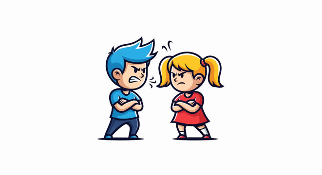 Two cartoon children with angry expressions, arms crossed, arguing