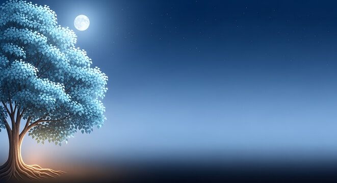 Poson Poya, soft sapphire gradient with sacred Bodhi tree glowing under moonlight