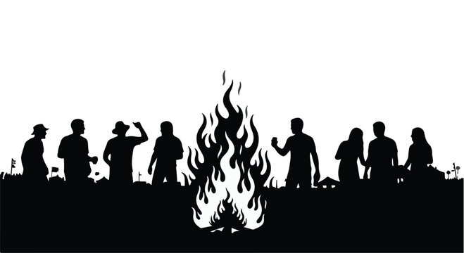 Diverse group of friends and family members are depicted as stark black silhouettes gathered around a vibrant, stylized bonfire against a bright white background, creating a powerful sense of.