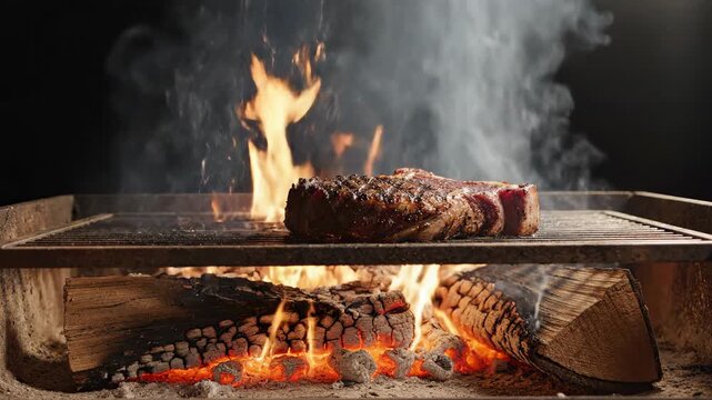 Santa Maria style tri tip slow-grilling over red oak fire, wider composition capturing the open flame and crackling wood logs below a metal grate, sparks occasionally lifting into the air, dramatic