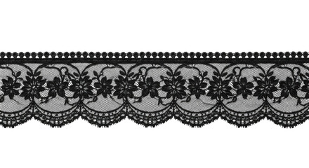 A black lace trim on a white background © Falguni