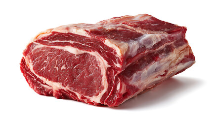 Obraz premium Raw marbled beef cut with rich fat layers, fresh and uncooked, isolated on white background, ideal for steak preparation, cooking, and high-protein meal concepts.