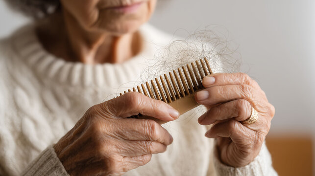 Elderly woman holding a hairbrush with excessive hair loss, highlighting aging, thinning hair, and concerns about health, stress, or hair care issues