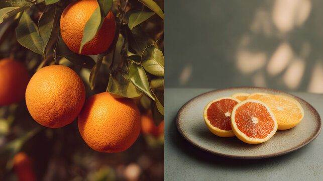 Ripe orange fruit on tree and sliced citrus on plate in warm farm to table diptych scene with soft sunlight