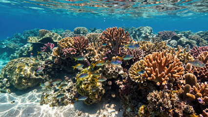 Naklejka premium Vibrant Underwater Coral Reef Teeming with Colorful Tropical Fish and Sunlight Filtering Through Clear Blue Ocean Water, Natural Marine Ecosystem Scene