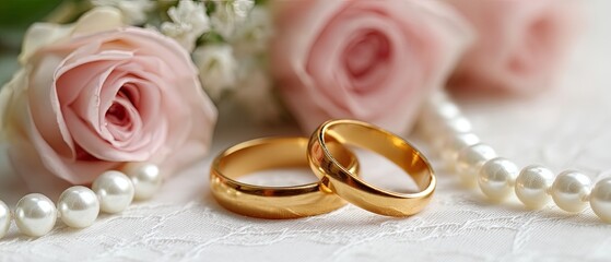 A flat lay shows two gold wedding rings surrounded by pink roses and pearls on white, forming a scene for love and unity