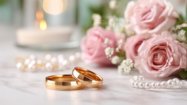 A flat lay shows two gold wedding rings surrounded by pink roses and pearls on white, forming a scene for love and unity