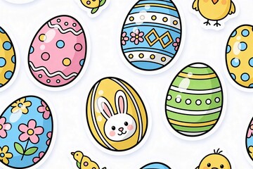 Fototapeta premium Colorful Easter eggs with various patterns and designs, including flowers, stripes, and a bunny, arranged on a white background for festive decoration