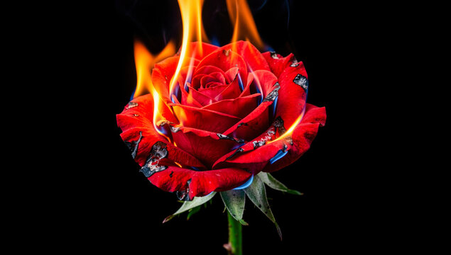 Burning red rose flower bright fire flame dark background broken heart romantic tragedy lost love passion destruction grief sadness