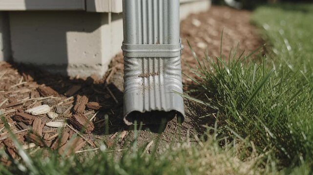 Rainwater flow through gutter downspout over grass and mulch landscape