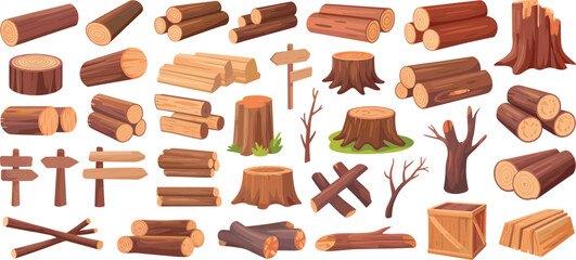Wood logs collection illustration, tree stumps, timber trunks, wooden branches, forest lumber set, cut wood pieces, cartoon vector icons © Miss
