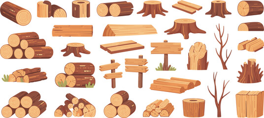 Wood logs collection, tree stumps, wooden planks, timber pieces, firewood stacks, forest wood elements, rustic natural lumber illustration set © Miss