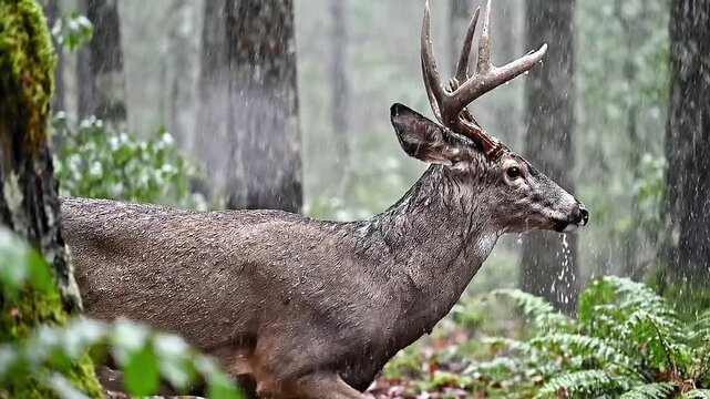 Male Deer Buck Standing in the Rain in Deep Forest Fog