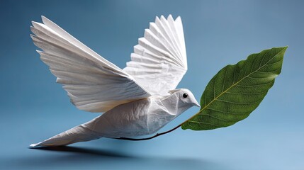 Obraz premium A white origami dove is flying with a green leaf on a pastel blue background symbolizing world peace and harmony