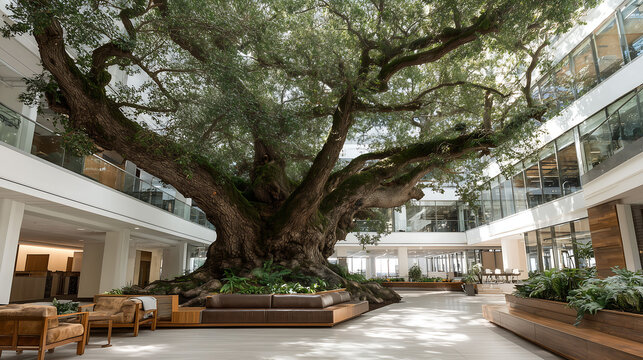 Massive ancient tree growing inside a modern building atrium, blending nature and architecture, creating a serene indoor environment with natural light and greenery