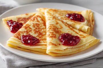 Cozy table with pancakes and jam