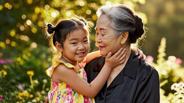 Heartwarming generational bonding in a bright garden setting