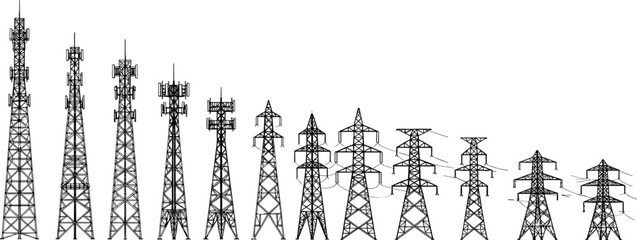 Fototapeta premium Electric transmission tower silhouettes collection, high voltage power line pylons and telecommunication towers vector illustration set for energy infrastructure design