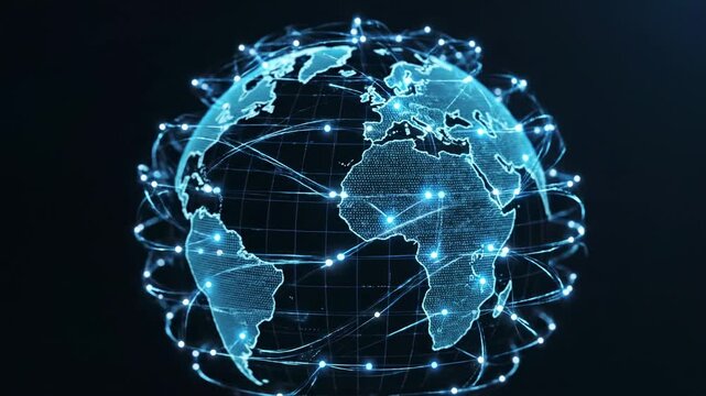 Video of worldwide data network visualization with glowing connection nodes, futuristic world map grid, cloud computing and internet technology theme for corporate presentations and digital branding.
