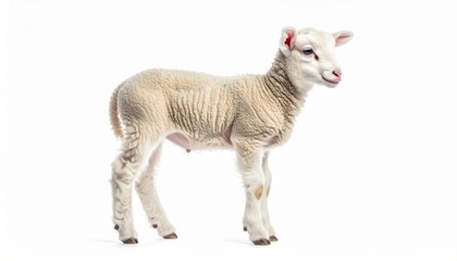 Fototapeta premium Standing Cream White Lamb Profile View on Plain White Background Studio Shot