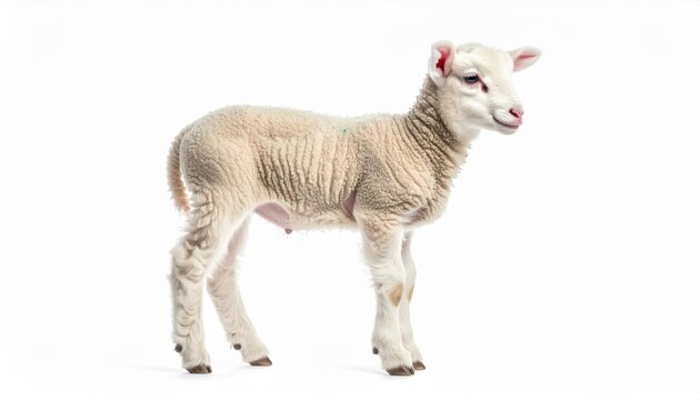 Standing Cream White Lamb Profile View on Plain White Background Studio Shot