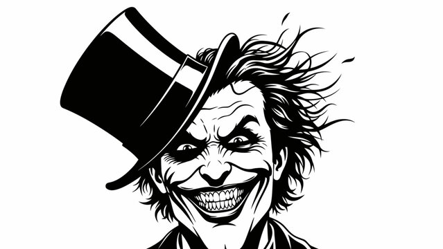 Creepy Joker with Top Hat, Evil Grin, Black and White Illustration