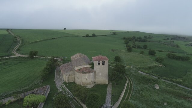 Aerial view of San Fructuoso Church in Valoria de Alcor, Palencia